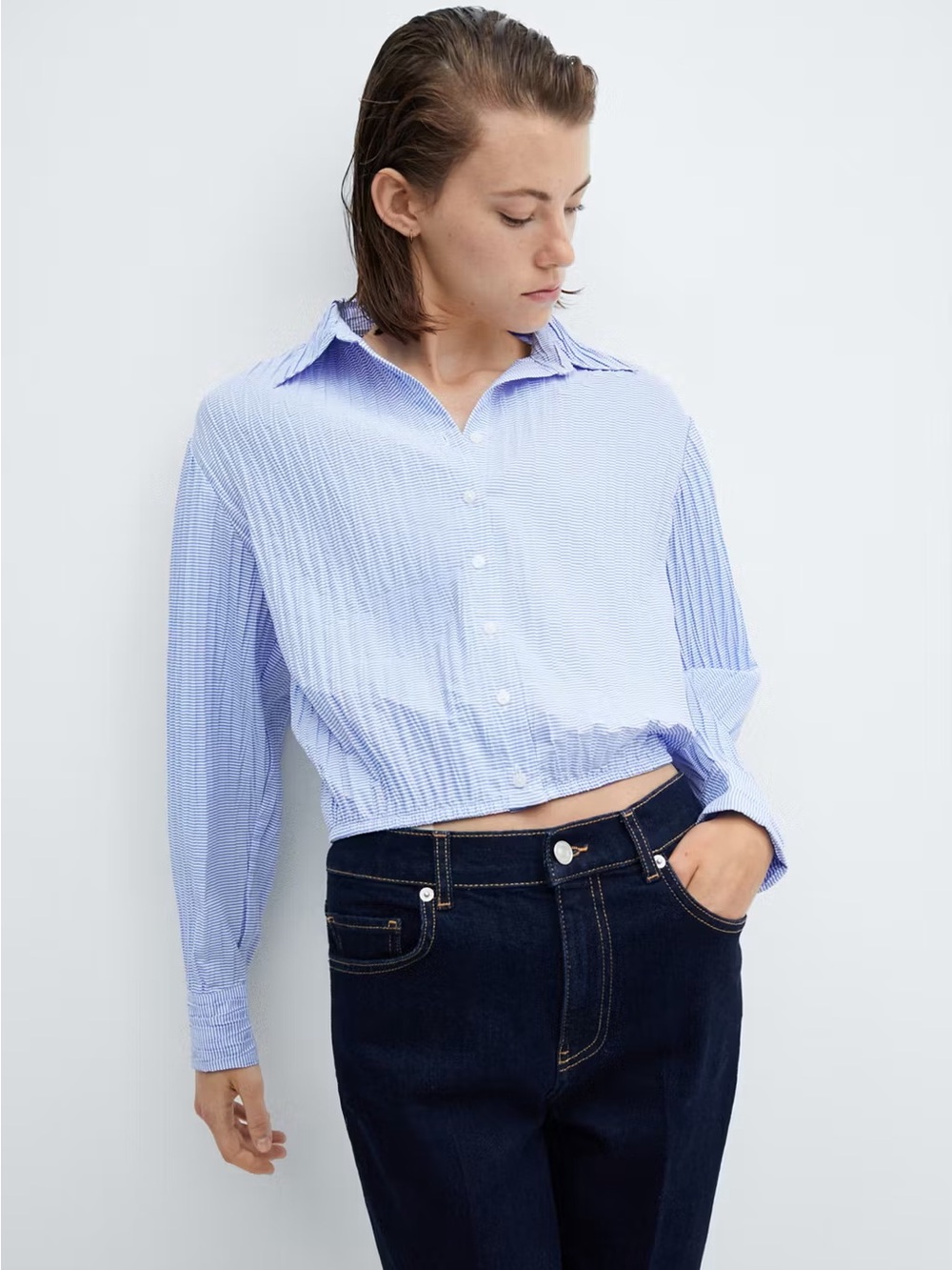 Mango Light Blue Pinstripe Cropped Button-Up Shirt